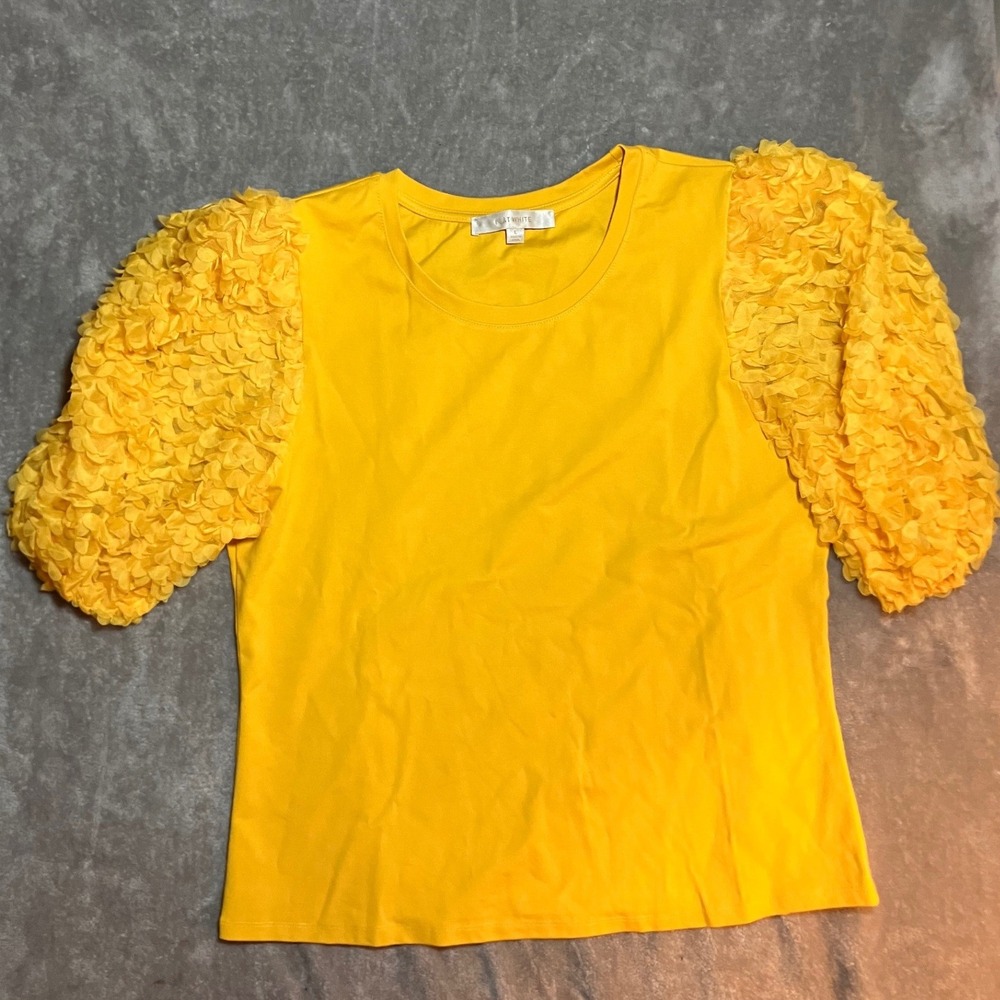 Anthropologie Flat White Women Yellow Puff‎ Sleeve Textured Top L Luxury Flirty